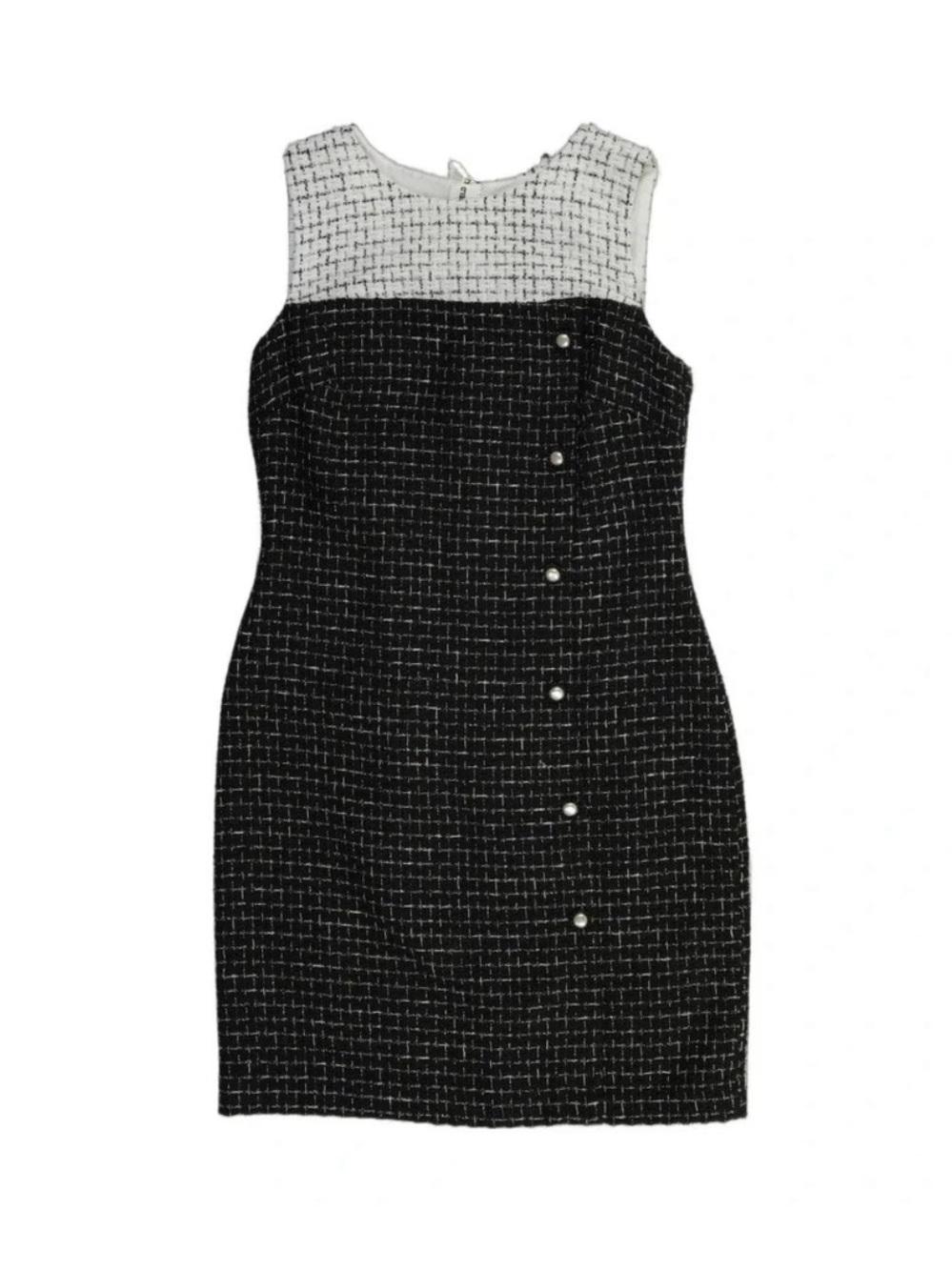 Karl Lagerfeld Black and White Tweed Shift Dress with Pearl Buttons